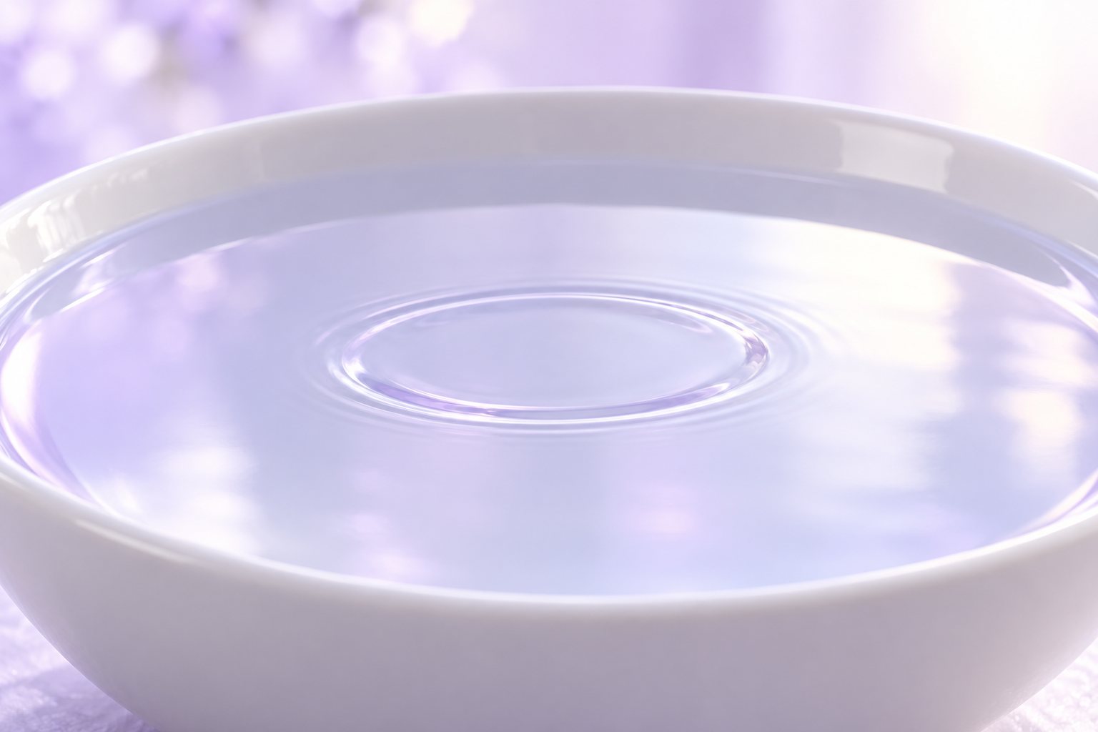 The smooth, still surface of clear water in a white bowl, with no fizz