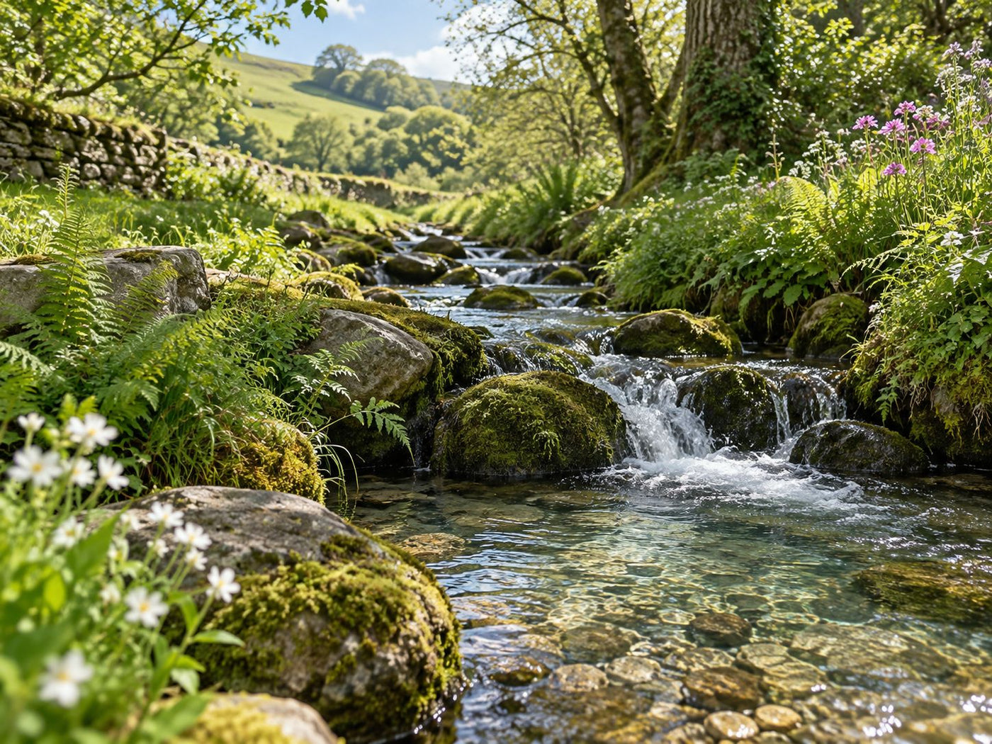 Clear spring water running over mossy rocks in Cornwall