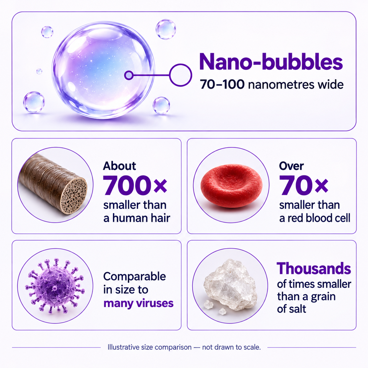 Nano-bubbles are 70 to 100 nanometres wide: about 700 times smaller than a human hair, over 70 times smaller than a red blood cell, comparable in size to many viruses, and thousands of times smaller than a grain of salt.