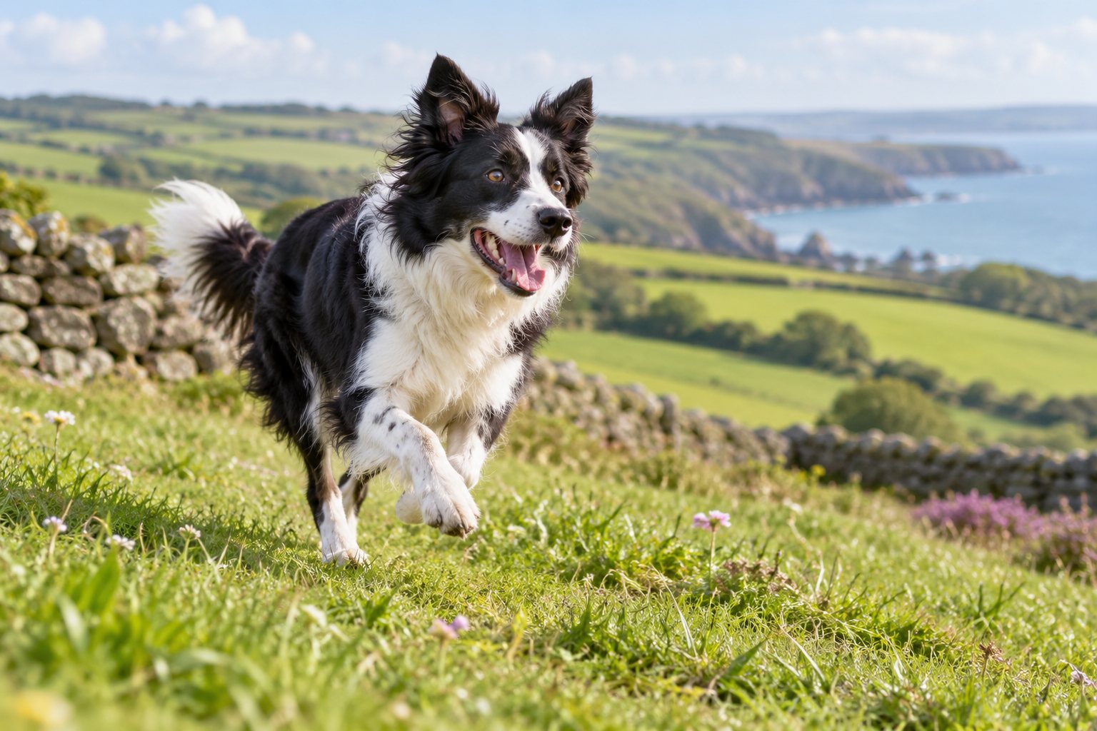 A dog running across a green Cornish hillside