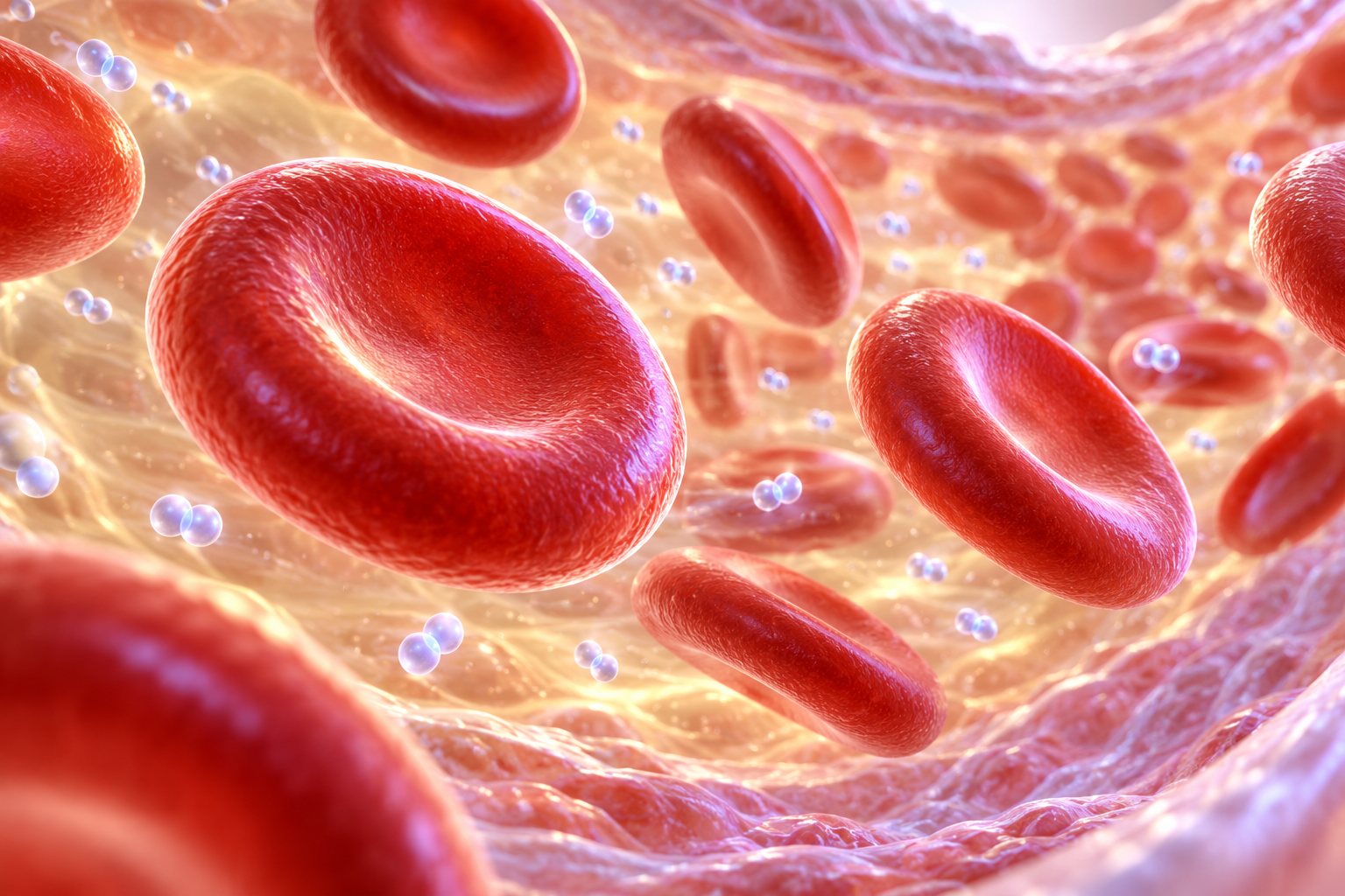 Red blood cells travelling through plasma, with a small amount of oxygen dissolved between them