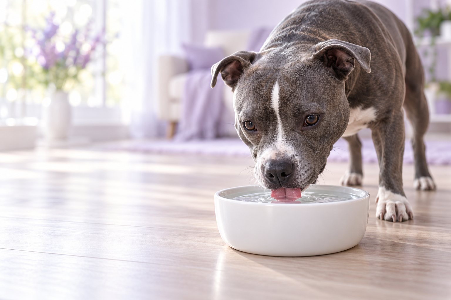 A dog drinking clear still water from a white bowl