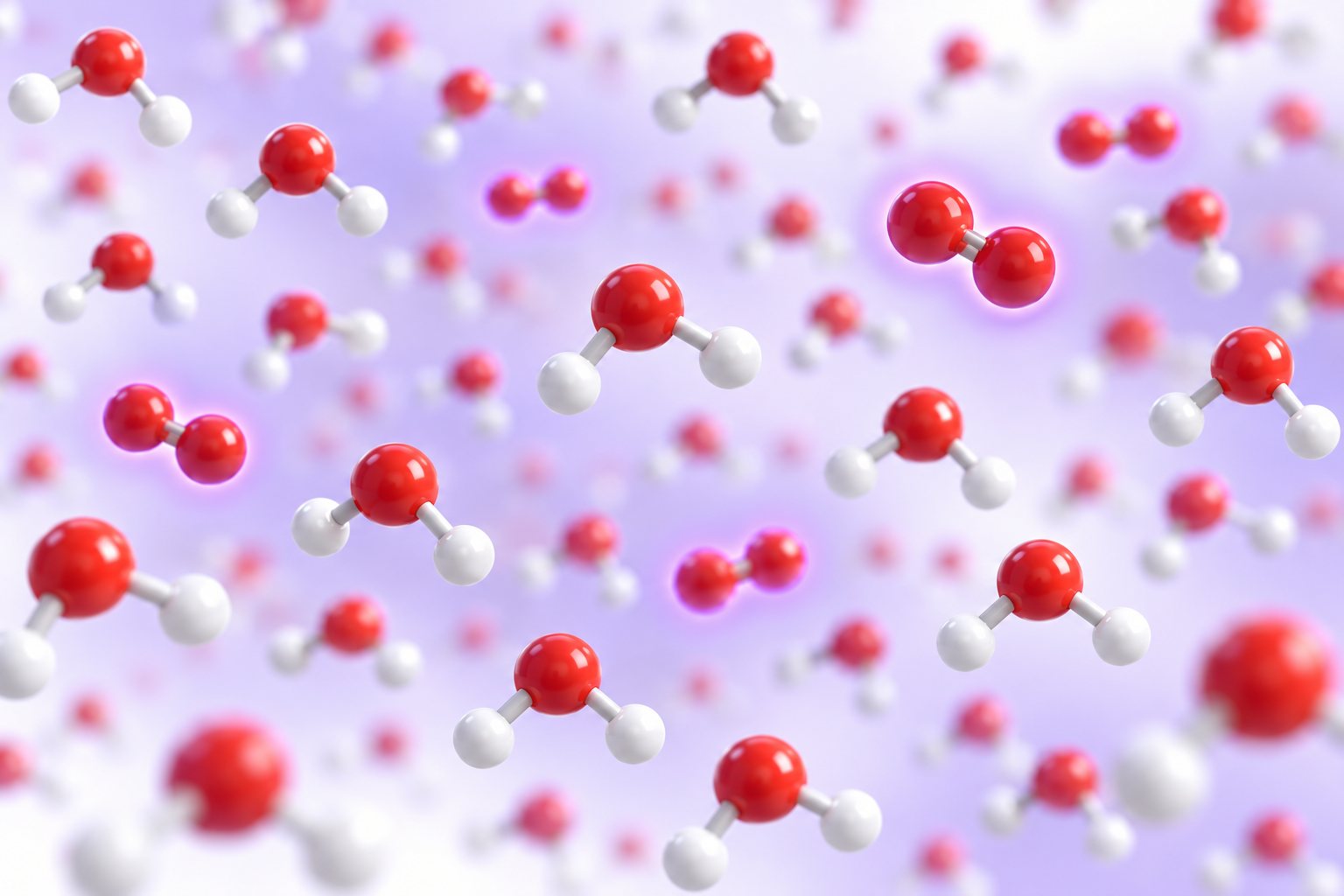 Water molecules, each one oxygen atom bound to two hydrogen atoms, with separate oxygen molecules held between them